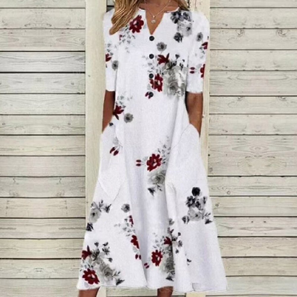 Women’s Midi Dress – V-Neck – Button Front – Short Sleeve – Floral Butterfly Print – Pockets