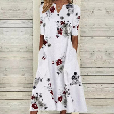 Women’s Midi Dress – V-Neck – Button Front – Short Sleeve – Floral Butterfly Print – Pockets