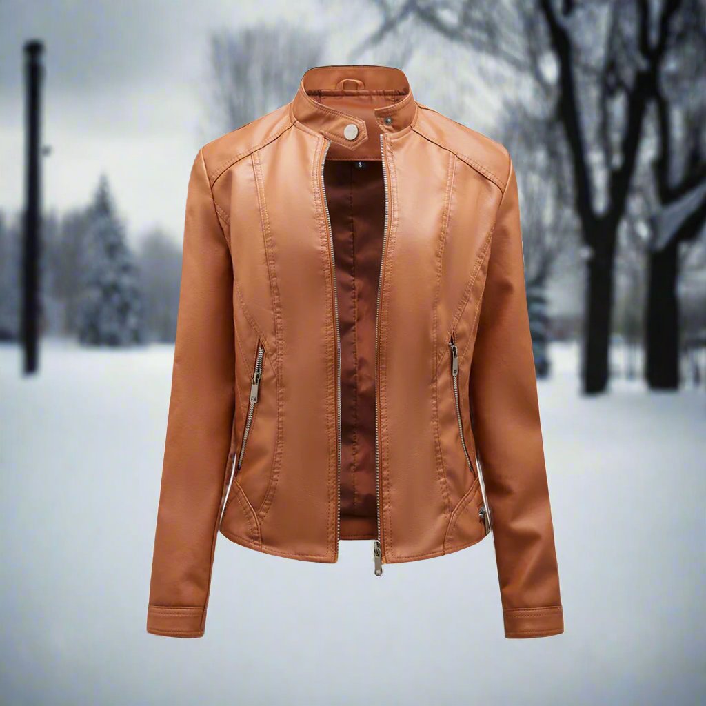 Women’s Leather Jacket – Slim Fit – Stand Collar – Zipper Pockets – Biker Style
