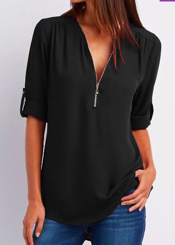 Women’s Blouse – Relaxed Fit – V-Neck Zip – Roll-Tab Sleeve – Breathable Blend