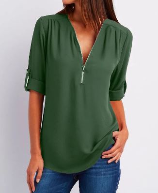 Women’s Blouse – Relaxed Fit – V-Neck Zip – Roll-Tab Sleeve – Breathable Blend