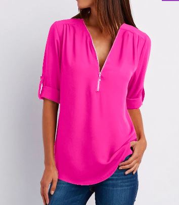 Women’s Blouse – Relaxed Fit – V-Neck Zip – Roll-Tab Sleeve – Breathable Blend