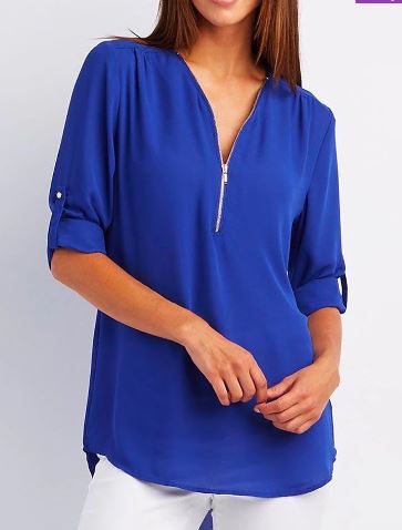 Women’s Blouse – Relaxed Fit – V-Neck Zip – Roll-Tab Sleeve – Breathable Blend
