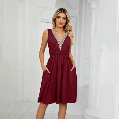 Women's Sleeveless Dress - V-Neck Embroidered - Cinched Waist High-Low Hem - Flowy Fit