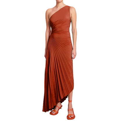 Women's One-Shoulder Evening Gown - Pleated Design - Fitted Bodice - Floor-Length Elegant Wear