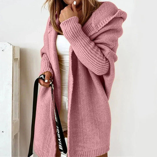 Women’s Cardigan – Oversized Fit – Wool Knit – Hooded Open Front – Ribbed Cuffs