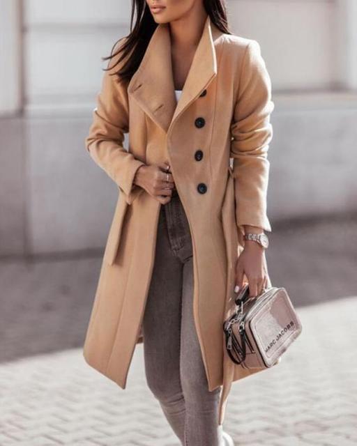Women’s Long Coat – Tailored Fit – Wool Blend – Belted Double-Breasted – Notched Lapel