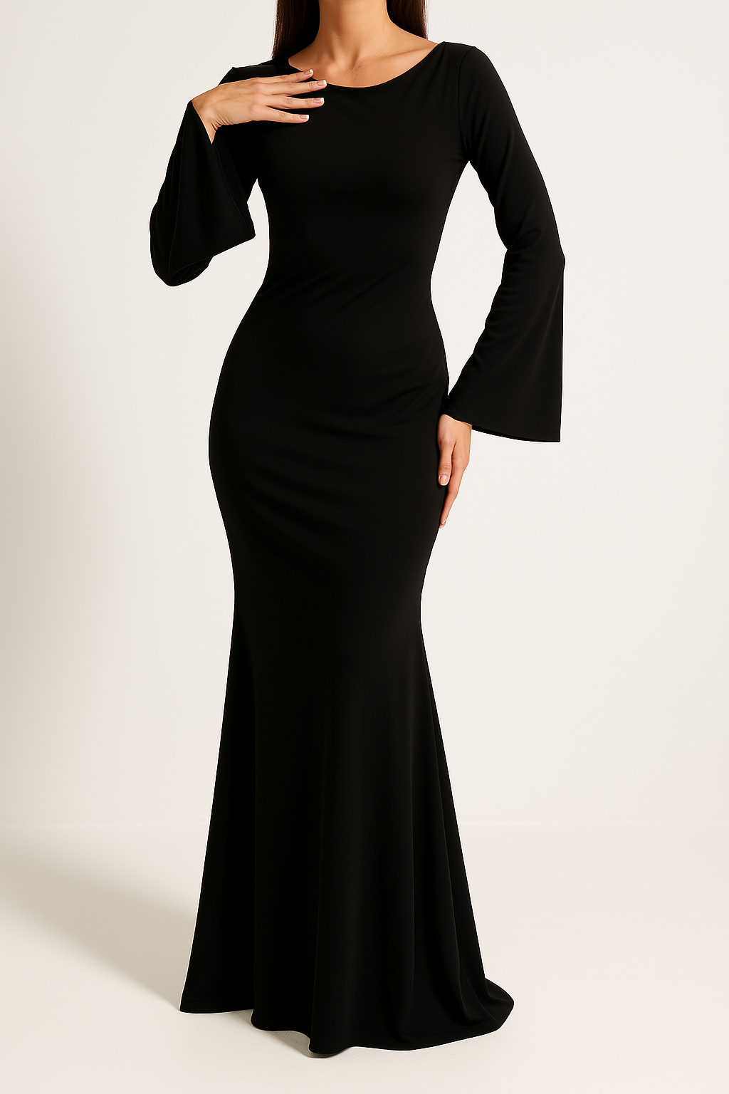Women's Evening Gown - Floor Length - Fitted Bodice - Long Flared Sleeves - Elegant Fit