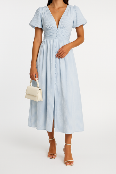 Women's Checked V-Neck Maxi Dress Puff Sleeves Buttons Casual Summer Dress