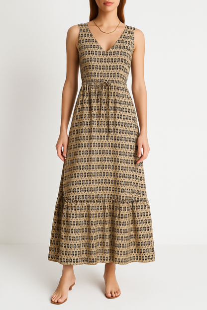 Women’s Midi Dress – Sleeveless – V-Neck – Bohemian Print – Tie Waist – Flowy Fit