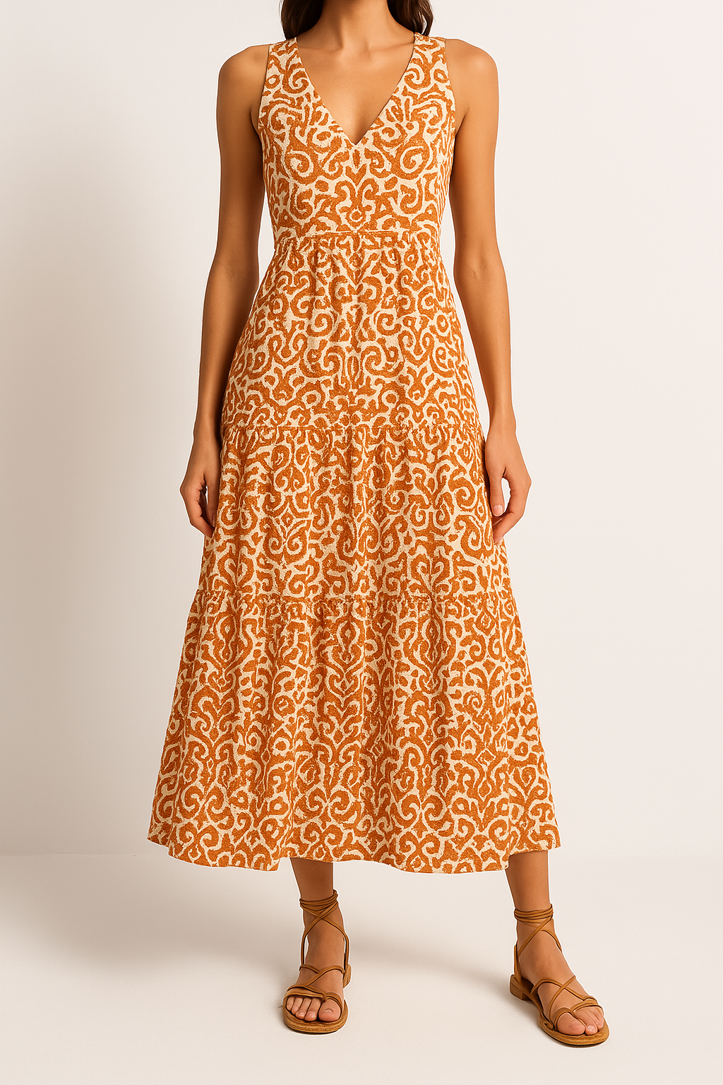 Women’s Midi Dress – Sleeveless V-Neck – Abstract Print – Tiered A-Line