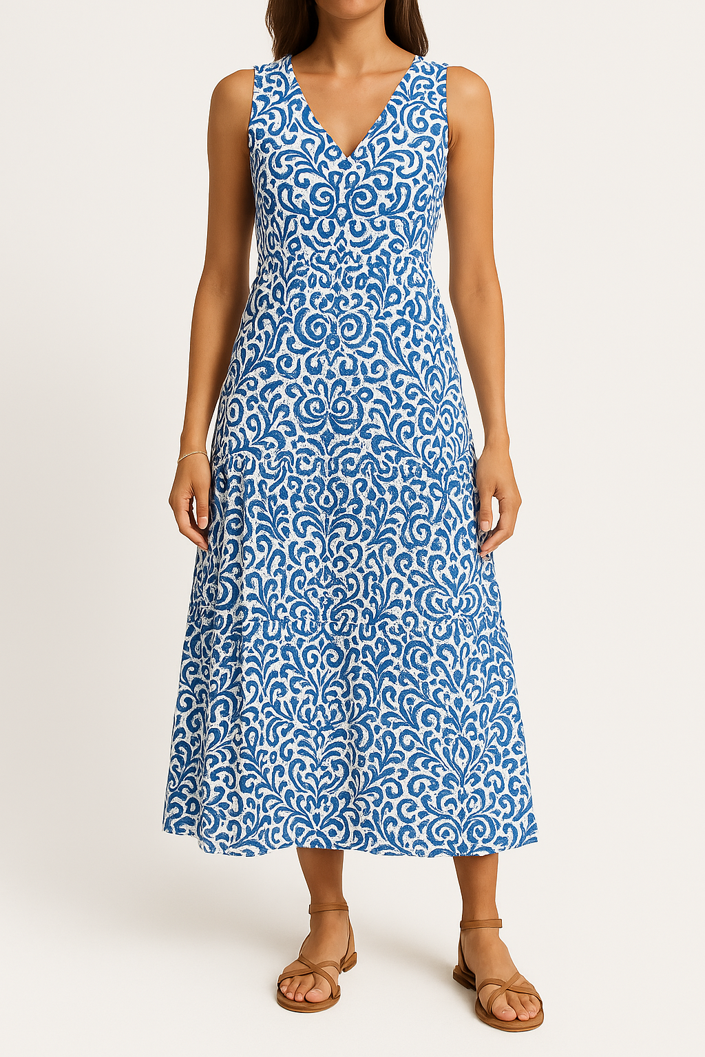 Women’s Midi Dress – Sleeveless V-Neck – Abstract Print – Tiered A-Line