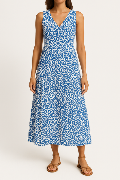 Women’s Midi Dress – Sleeveless V-Neck – Abstract Print – Tiered A-Line