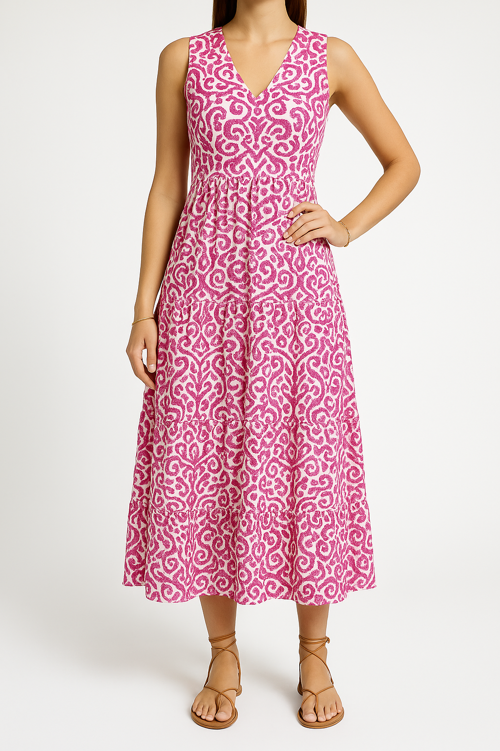 Women’s Midi Dress – Sleeveless V-Neck – Abstract Print – Tiered A-Line