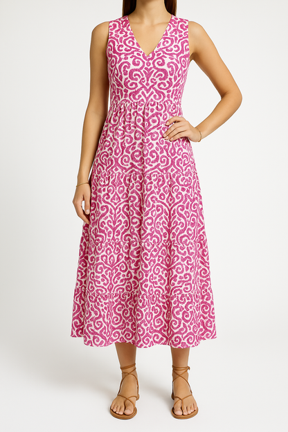 Women’s Midi Dress – Sleeveless V-Neck – Abstract Print – Tiered A-Line