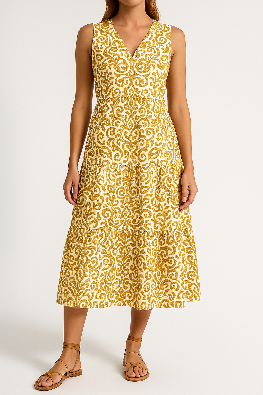 Women’s Midi Dress – Sleeveless V-Neck – Abstract Print – Tiered A-Line