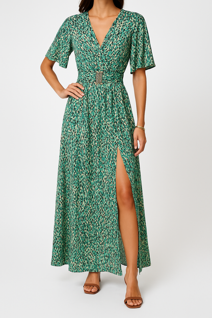 Women’s Maxi Dress – Wrap V-Neck – Belted Waist – Short Sleeve – Side Slit Flowing Fit