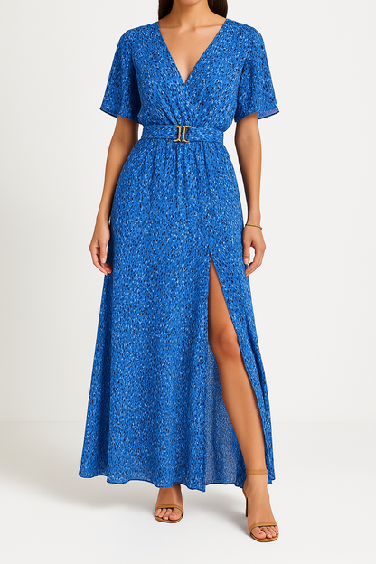 Women’s Maxi Dress – Wrap V-Neck – Belted Waist – Short Sleeve – Side Slit Flowing Fit