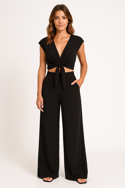 Women’s Two-Piece Set – V-Neck Tie-Front Cropped Top – High-Waist Wide-Leg Trousers