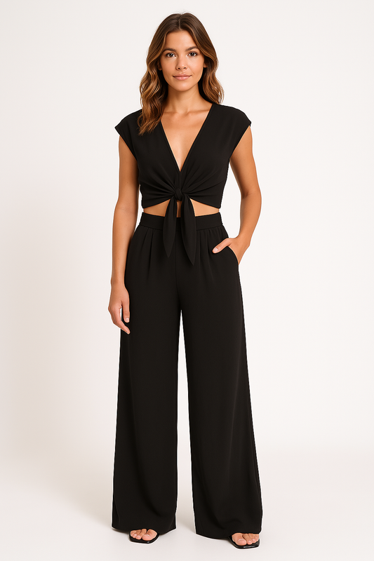 Women’s Two-Piece Set – V-Neck Tie-Front Cropped Top – High-Waist Wide-Leg Trousers