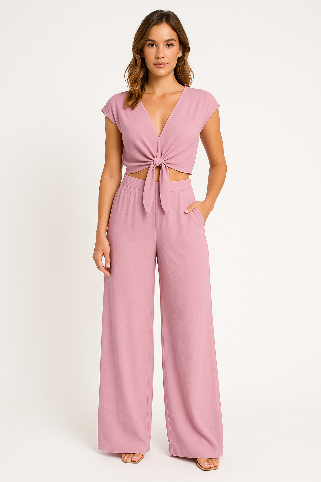 Women’s Two-Piece Set – V-Neck Tie-Front Cropped Top – High-Waist Wide-Leg Trousers