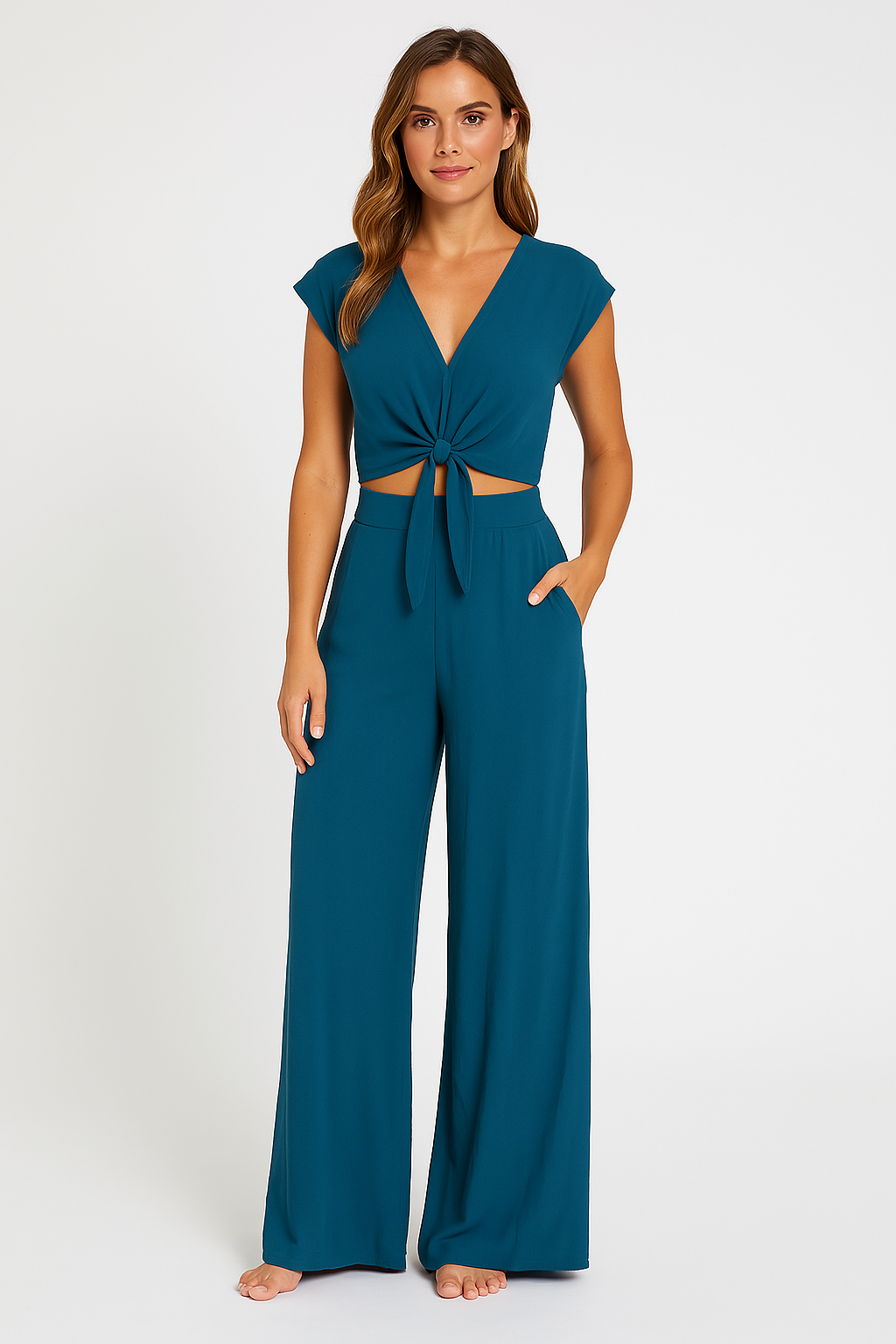 Women’s Two-Piece Set – V-Neck Tie-Front Cropped Top – High-Waist Wide-Leg Trousers