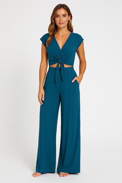 Women’s Two-Piece Set – V-Neck Tie-Front Cropped Top – High-Waist Wide-Leg Trousers