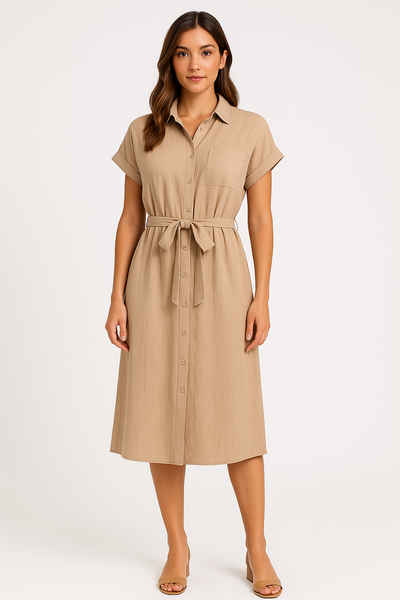 Women’s Shirt Dress – Cotton Linen Blend – Tie Waist – Midi Length – Short Sleeve