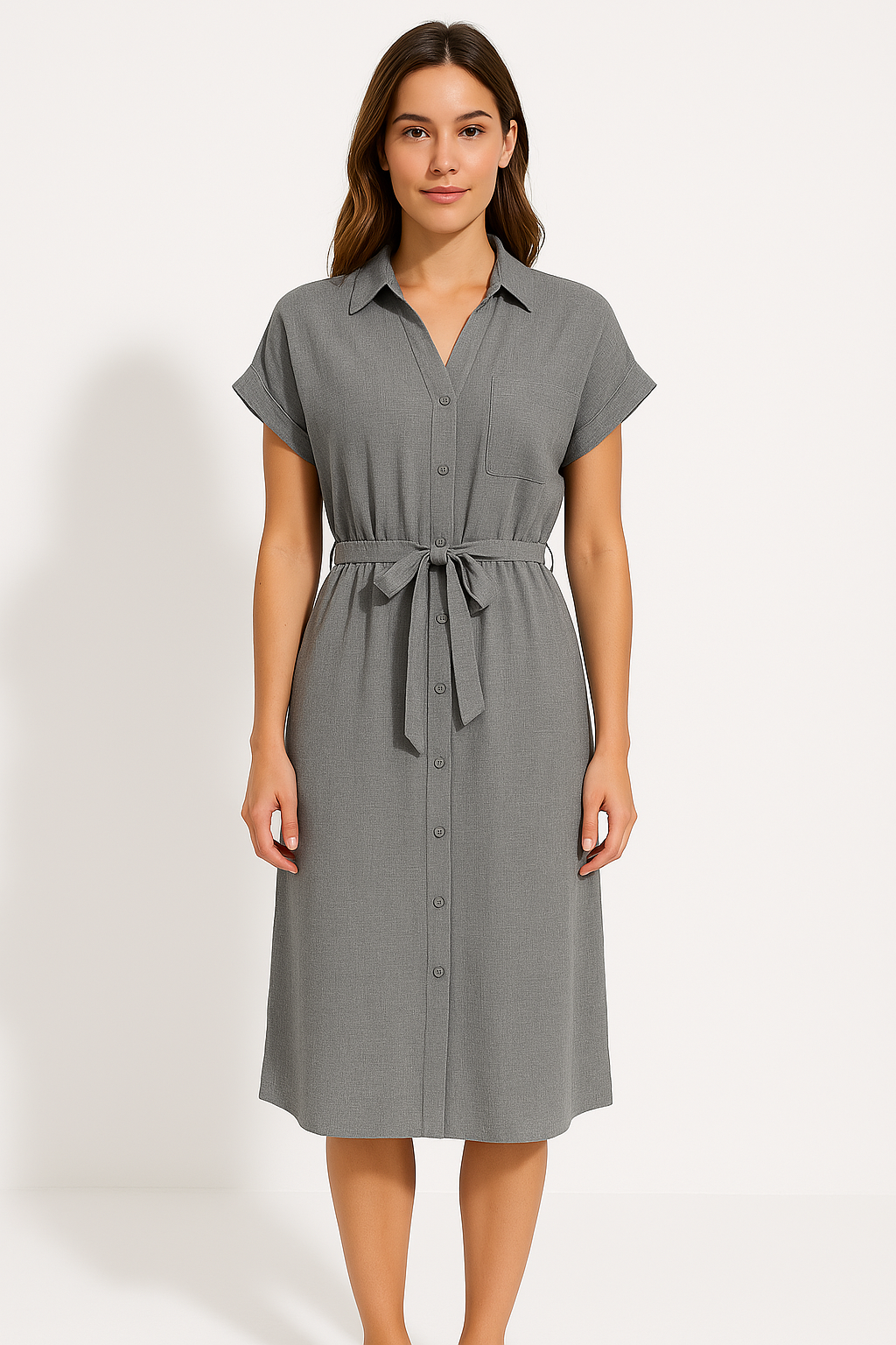 Women’s Shirt Dress – Cotton Linen Blend – Tie Waist – Midi Length – Short Sleeve