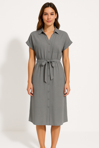 Women’s Shirt Dress – Cotton Linen Blend – Tie Waist – Midi Length – Short Sleeve