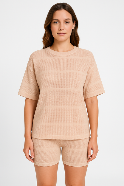 Women’s Knit Sweater Set – Relaxed Top – Slim Shorts – Ribbed Lightweight Lounge Wear