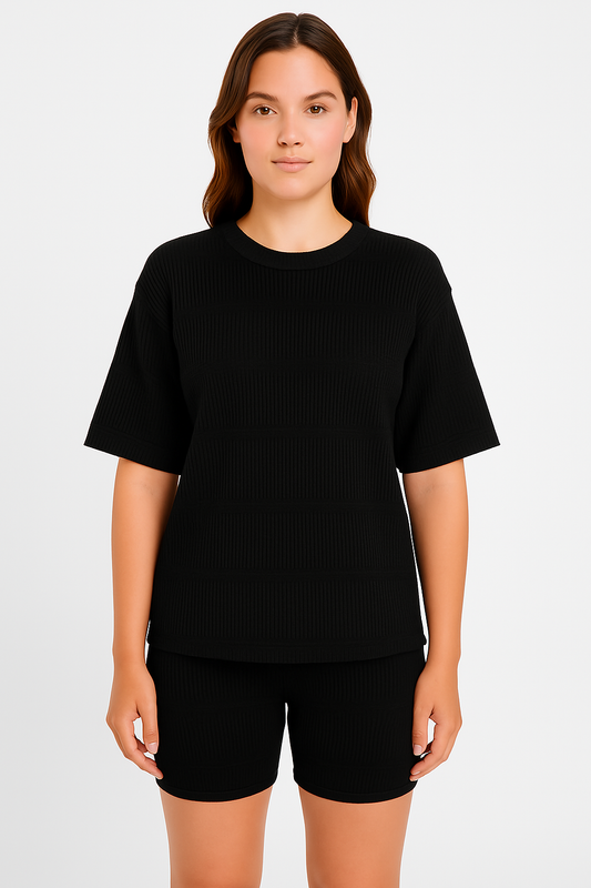 Women’s Knit Sweater Set – Relaxed Top – Slim Shorts – Ribbed Lightweight Lounge Wear