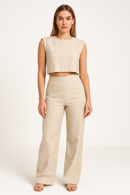 Women’s Two-Piece Set – Linen Blend – Sleeveless Crop Top – High-Waisted Wide-Leg Pants