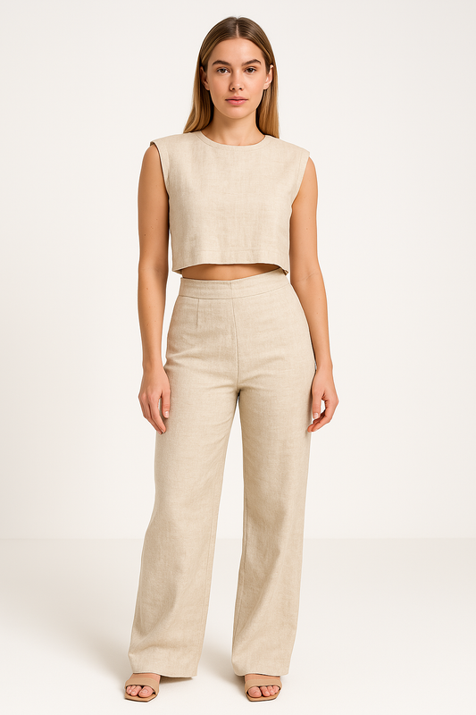 Women’s Two-Piece Set – Linen Blend – Sleeveless Crop Top – High-Waisted Wide-Leg Pants
