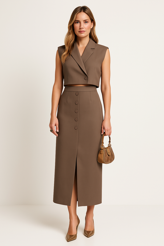 Women’s Cropped Top – Structured Fit – Sleeveless – Tailored Lapel – Elegant Style