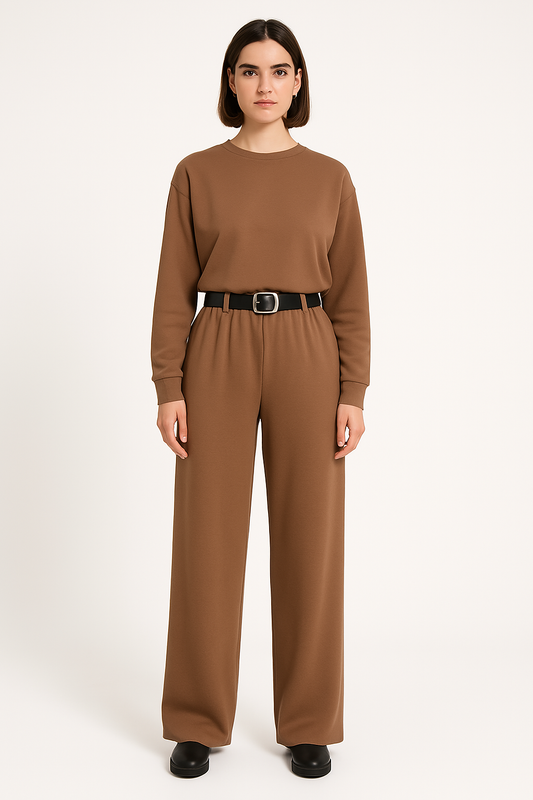Women’s Two-Piece Set – Relaxed Fit – Long Sleeve Top – Wide-Leg Belted Trousers
