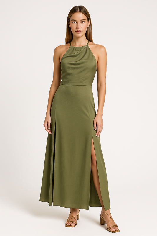 Women’s Maxi Dress – Halter Neck – Slim Fit – Silky Fabric – High Slit – Open Back