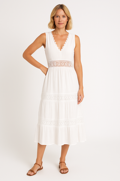 Women’s Midi Dress – Lightweight Fabric – Lace Detail – Sleeveless – Flared Fit