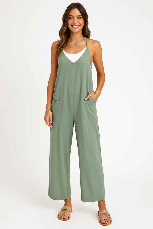 Women’s Jumpsuit – Relaxed Fit – Wide Leg – Sleeveless – V-Neck – Full Length – Pockets