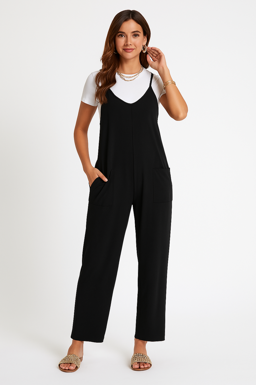 Women’s Jumpsuit – Relaxed Fit – Wide Leg – Sleeveless – V-Neck – Full Length – Pockets