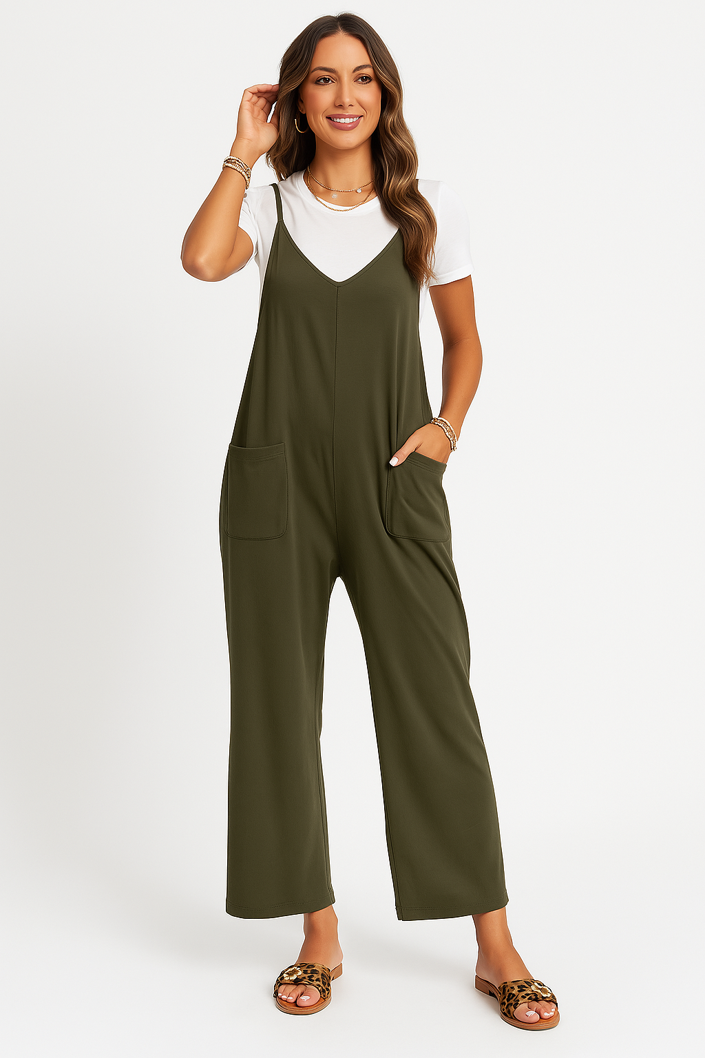 Women’s Jumpsuit – Relaxed Fit – Wide Leg – Sleeveless – V-Neck – Full Length – Pockets