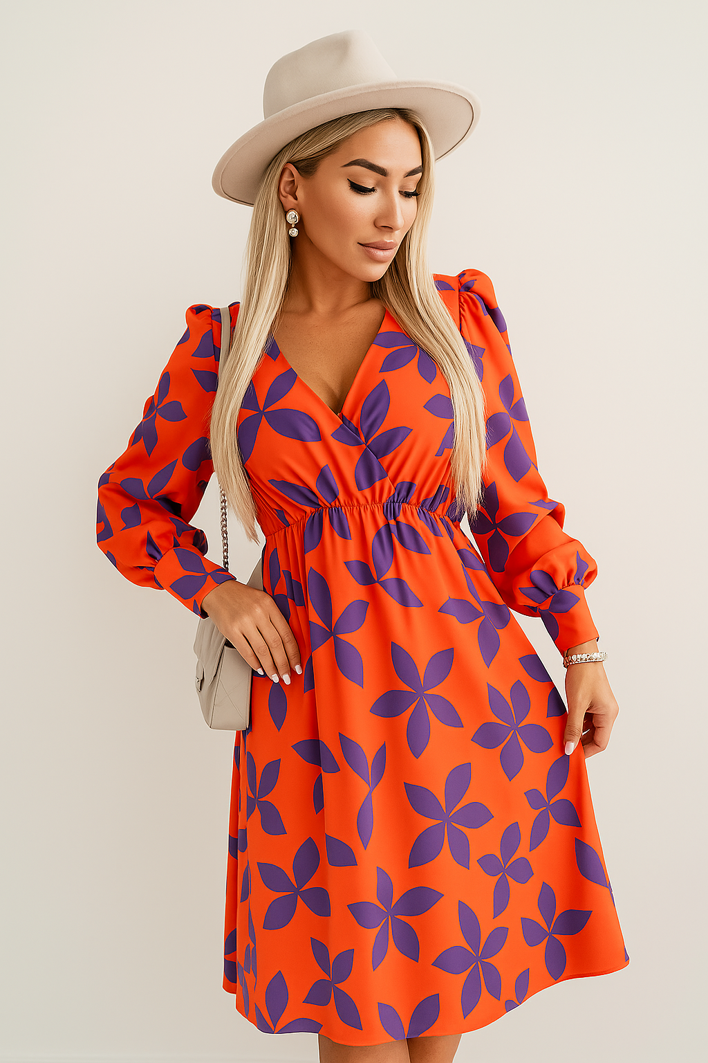 Women’s Midi Dress – Floral A-Line – V-Neck – Puff Sleeve – Cinched Waist – Lightweight