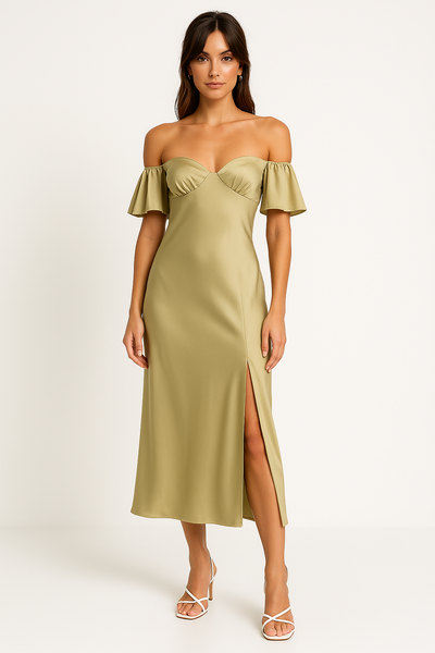 Women’s Midi Dress – Satin Feel – Slim Fit – Off Shoulder – V-Back – Side Slit