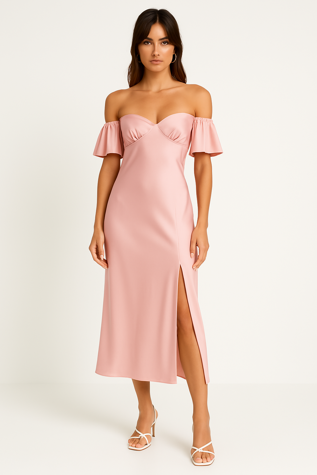 Women’s Midi Dress – Satin Feel – Slim Fit – Off Shoulder – V-Back – Side Slit