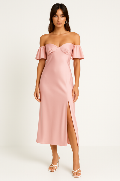 Women’s Midi Dress – Satin Feel – Slim Fit – Off Shoulder – V-Back – Side Slit