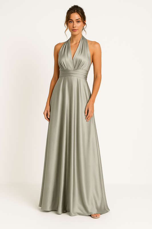 Women’s Maxi Dress – Satin – A-Line Fit – Criss-Cross Back – Halter Tie Neckline