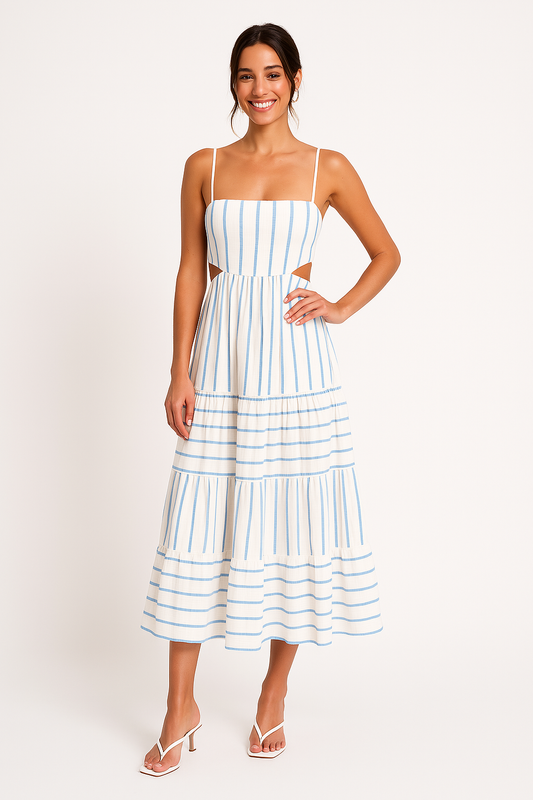 Women’s Midi Dress – A-Line Fit – Cotton Linen Blend – Spaghetti Straps – Cut-Out Waist
