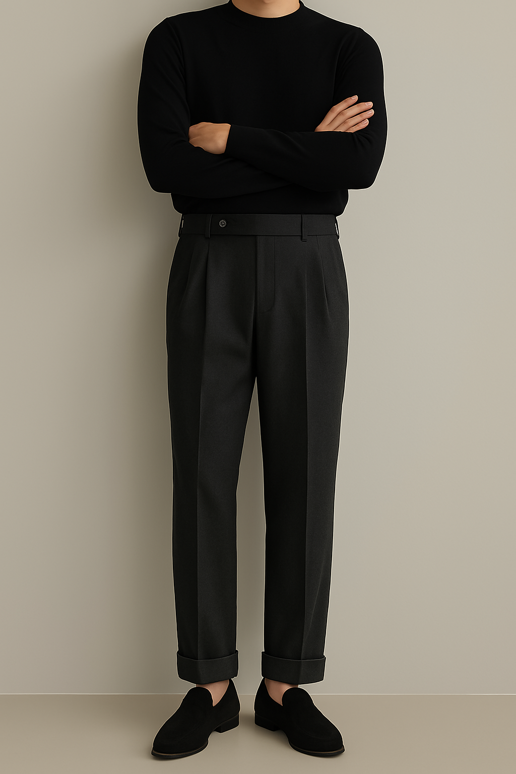 Men’s Dress Trousers – Wool Blend – Tailored Fit – High Waist – Pleated Front – Cuffed Hem