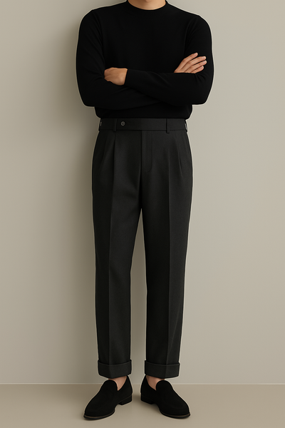 Men’s Dress Trousers – Wool Blend – Tailored Fit – High Waist – Pleated Front – Cuffed Hem