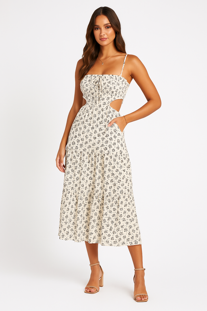 Women’s Maxi Dress – Sleeveless V-Neck – A-Line Fit – Side Cut-Outs – Floral Print